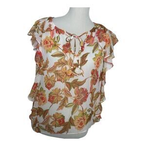Rose & Olive Womens Boho Flutter Sleeve Blouse Floral Tie Front V NecK Size L